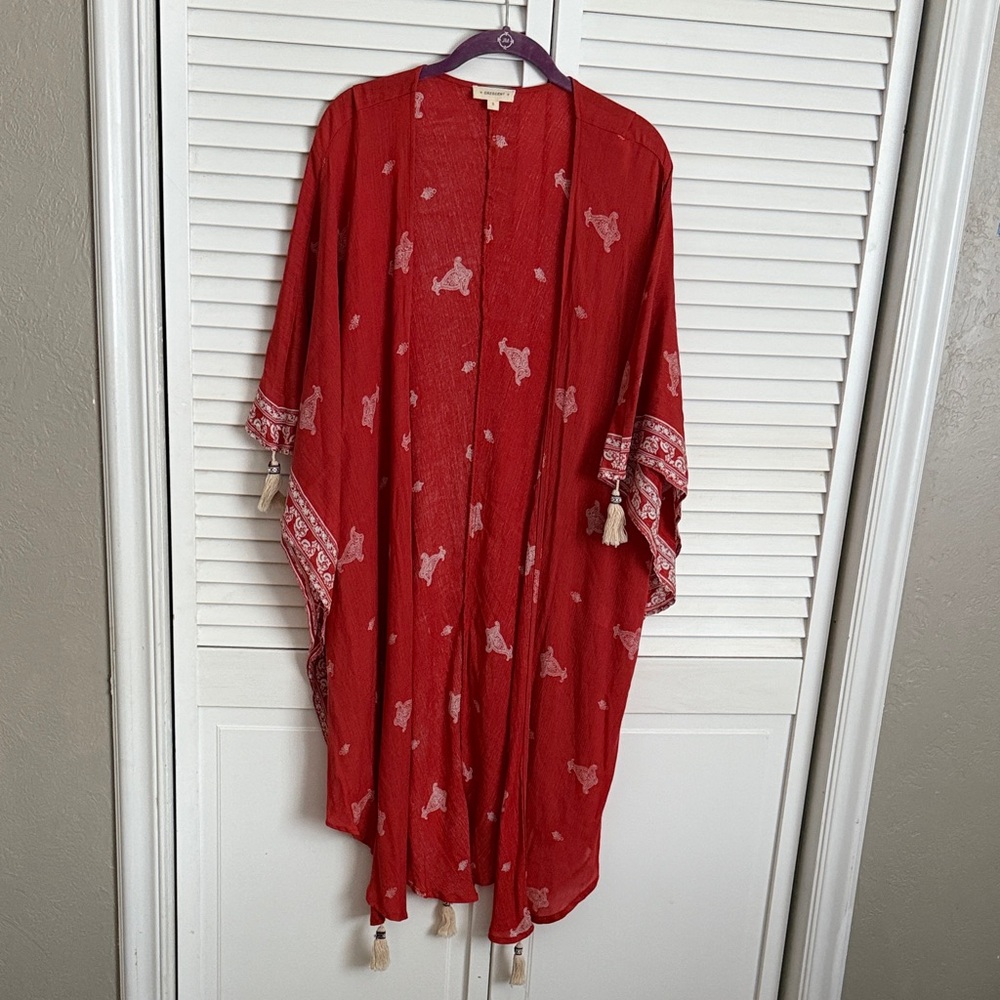Crescent Red Kimono Cardigan with White Accents